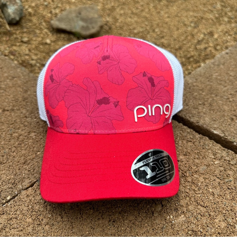 Ping Hat Cap Snapback Pink Red White Hibiscus Hawaii Flex Fit Tech 110 Golf NWOT